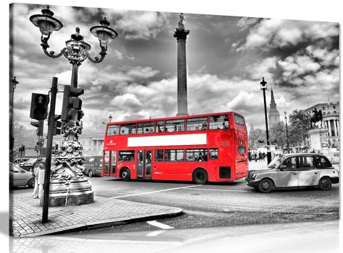 London Red Bus Canvas Wall Art, Black and White Framed Large 36x24in | Panther Print, Ready to Hang, Cityscape Painting for Living Room Bedroom Hallway Office Decor, Solid Pine, Gallery Wrapped