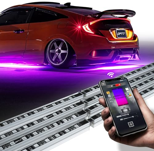 OPT7 Aura Pro Lot de 4 Lampes LED étanches pour Voiture avec contrôle par Application Intelligente, en Aluminium Rigide, Barre Lumineuse néon accentuée, synchronisation du Son de Musique, Modes