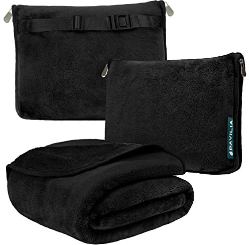 PAVILIA Reisedecke und Kissen, Dual-Reißverschlüsse, Clip-on-Schnalle, warmes, weiches Fleece, 2-in-1-Kombinationsdecke für Flugzeug, Camping, Auto, Gepäckrucksack-Gurt, 60 x 43 cm (schwarz)