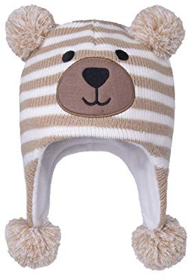 LANGZHEN Kleinkind Kinder Kleinkind Winter Hut, Earflap Strick Warme Kappe Fleece gefütterte Mütze für Baby Jungen Mädchen (Bär-Beige Streifen, 2-4 T)