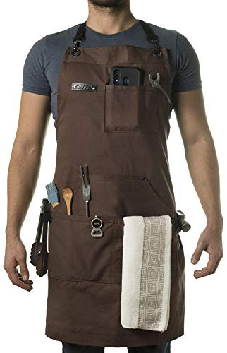 Asaya Chef, BBQ and Work Apron with Bottle Opener and Hand Towel - Durable 10oz Cotton Canvas, Brass Hardware and Cross Back Straps - For Men, Women, Grilling, and Cooking (Brown)