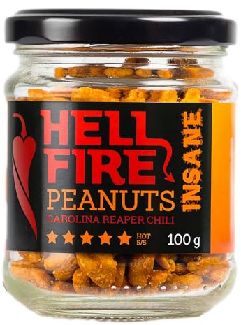 Hellfire Peanuts Insane 100 g – Extrem Scharfe Erdnüsse mit Carolina Reaper – Crunchy Snack für Mutprobe & Chili Challenge – I LOVE SPICY
