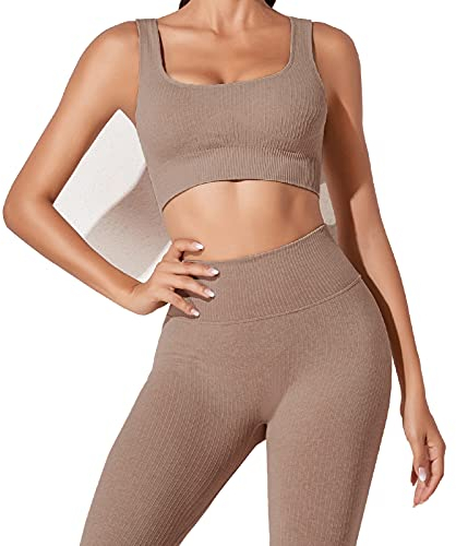 JN JANPRINT Workout-Outfits für Frauen 2-Teiliges Set,Nahtlos Yoga-Outfits Hohe Taille Leggings+Sport-BH Damen Trainingsanzüge Set(Braun,M)