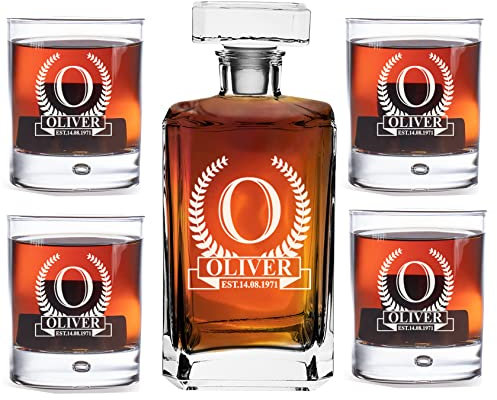 AIGAT Individuell Gravierte Personalisierte Whiskey Karaffe 700ml mit + 4 Whiskey Gläser 270ml