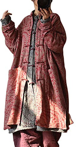 NFYM Manteau long coupe-vent ample boutonné en coton et lin pour femme Imprimé vintage rétro avec poches, Rouge, taille unique