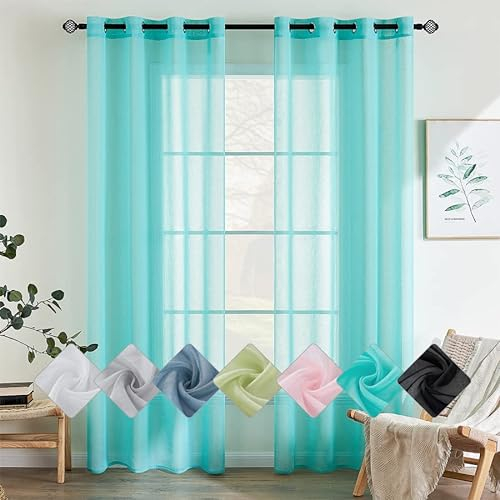 EMEMA 2er Set Sheer Voile Vorhang mit Ösen Transparente Gardine aus Voile Polyester Ösenschal Transparent Wohnzimmer Luftig Dekoschal für Schlafzimmer 140 X 225 cm (B x H) Türkis