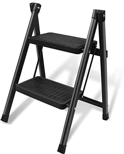 Trittleiter 2 Stufen Klappbar, Leiter Klapptritt, Stahl Klappleiter bis 250 kg, Stufenleiter Klappbar Tritthocker rutschfeste Haushaltsleiter, Klein und Kompakt, Schwarz