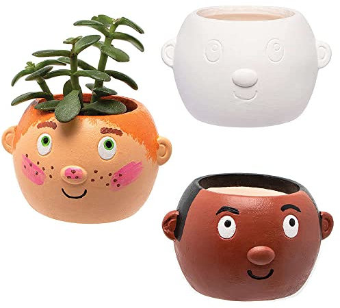 Baker Ross FC913 Kopf Keramik Blumentopf zum Bemalen - 4er Pack, Keramik Bastelset für Kinder zum Dekorieren und Basteln