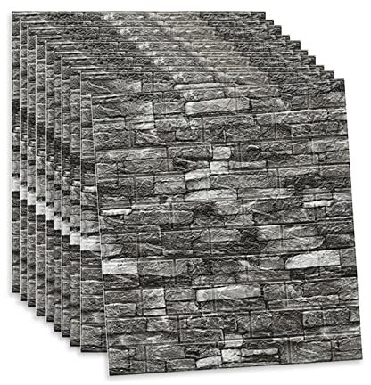 GDWD Selbstklebend 3D Tapete, 10 Stück Ziegelstein Wandsticker Wandtapete Steintapete Klebefolie Steinoptik Wandpaneele, Wasserdicht Wandaufkleber für Wohnzimmer Schlafzimmer Küche (Schwarz)