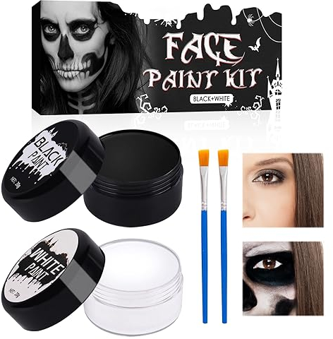 Horuili® Pintura Facial de Halloween, Kit de Pintura Corporal de Cara en Blanco y Negro, Pintura Facial Profesional de Payaso con Pincel de Maquillaje para Halloween Art Theatre Cosplay Clown