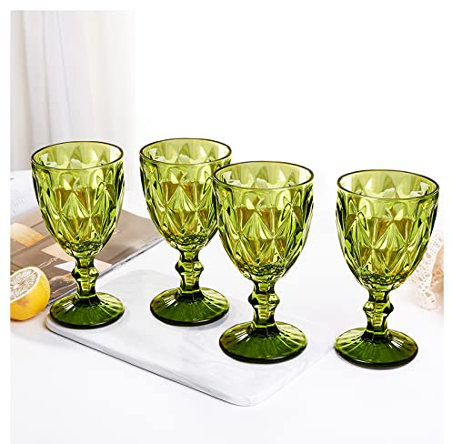 Lot de 4 verres à vin vintage en plastique réutilisables de 355 ml - Motif unique en relief incassable - Verre à pied transparent - Pour fête de mariage, bar, bar - Vert