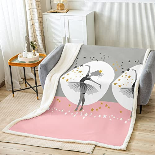 Couverture en Flanelle Danseuse Blanc Rose Gris Couverture de Ballet étoiles décor Filles Princesse Belle Couverture Sherpa 130x150 Mignon Enfants Danse Microfibre