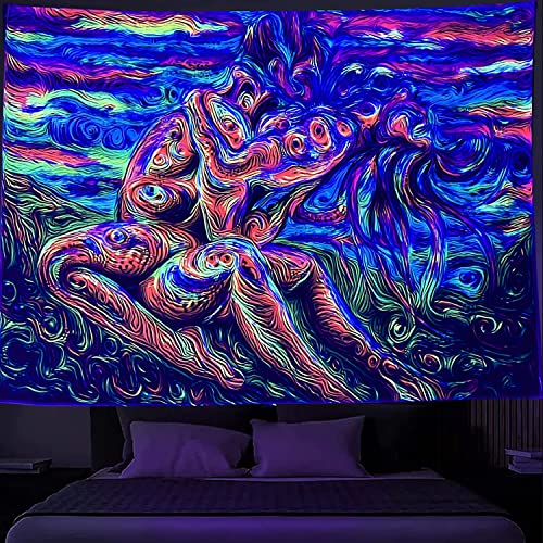 SparkLia Schwarzlicht-Liebhaber-Wandteppich, bunte abstrakte Linienkunst der Liebe, Kuss, UV-reaktiver Neon-Wandteppich, Frau, leuchtet im Dunkeln, Wandbehang, Heimdekoration für Schlafzimmer, 150 x
