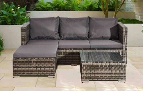 COSMO BUY 4-Seater Mix Grey Rattan Corner Sofa Set 4 Piece Indoor/Outdoor Rattan Garden Furniture Sets Patio Wicker Backyard Conservatory 1x Double Sofa, 2x Armchairs, w/ALL Cushions & Top Glass Table