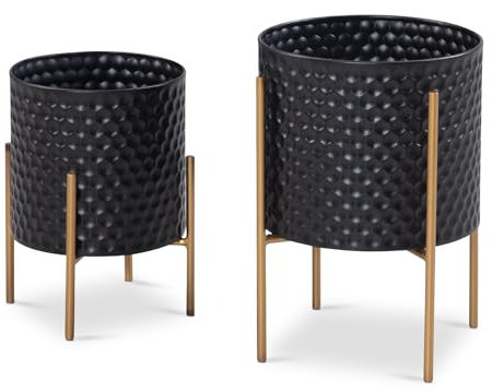 Wohnling Blumentopf 2er Set Metall Pflanzkübel Schwarz/Gold mit Füßen, Design Pflanzenkübel Rund Indoor, Blumenkübel Pflanzgefäß mit Waben-Muster in 3D