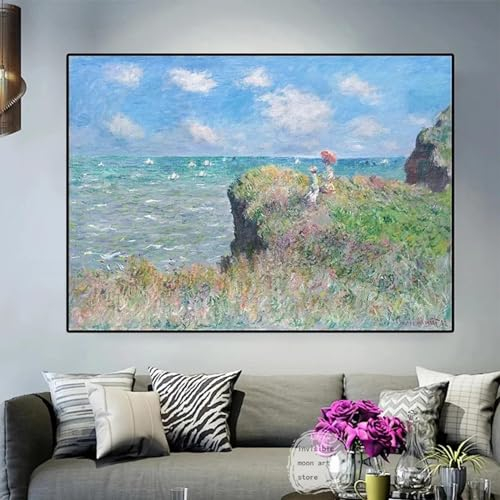KDXAOBEI Claude Monet-Kunstwerk „Walk Art“ auf Leinwand, Gemälde für Wohnzimmer, moderne Dekoration, Wandbild, gerahmt, fertig zum Aufhängen, 80 x 120 cm (31 x 47 Zoll) mit goldenem Rahmen