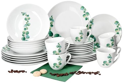 MamboCat Service combiné eucalyptus 30 pièces I Service de table en porcelaine blanche avec décor végétal vert pour 6 personnes I 6 tasses à café 180 ml, soucoupes, assiettes à gâteau, assiettes