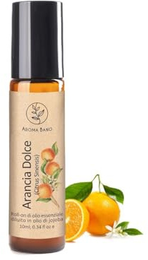 Roll On Olio Essenziale Arancia Dolce 10ml – AROMA BANO – Diluito in Olio di Jojoba Puro – 100% Naturale per Aromaterapia, Profumo Agrumato, Olio Corpo e Profumo Naturale Pronto all’Uso