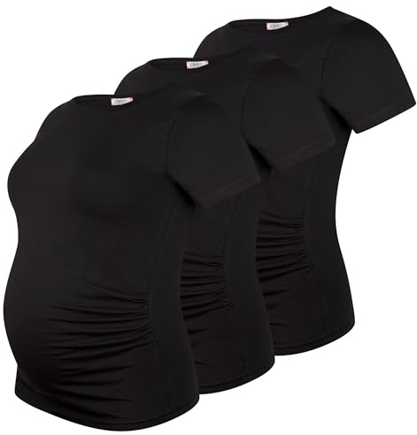 M.M.C. Umstandsshirt Kurzarm Damen 3er Pack – Umstandsmode Basic, unifarben, mitwachsende Raffung, 95% Baumwolle
