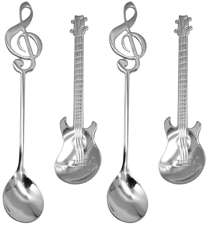 JDBlissful 4 Stücke Dessert Löffel, Gitarre Kaffeelöffel Set, Dekorative Musiknote Rührlöffel Edelstahl Kreative Kaffeelöffel, Löffel Gitarre, für Tee, Milch, Kaffee, Dessert, Drink, Milchshake
