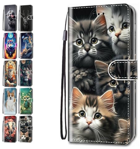 Leder Hülle für iPhone 5 5S SE Tasche mit Kartenfach Tierdruck Muster Schutzhülle Handyhülle Flip Case Klapphülle Cover Mädchen Jungs - EIN Rudel Katzen