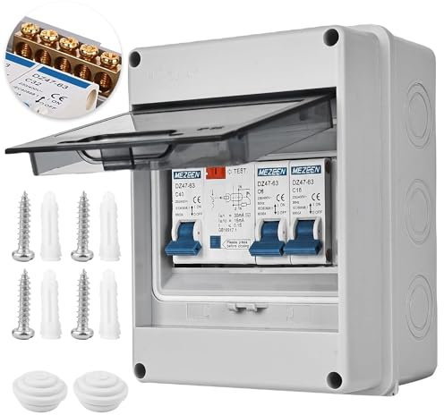 SPORWAY Unità consumer da garage a 2 vie, con 2 mini interruttori automatici, 40 A, 30 mA RCD, interruttore di circuito IP65, impermeabile per officine, garage, roulotte, edifici esterni (6A+16A)