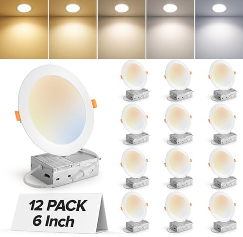 MAILCOS 12 Pack 6 Inch 5CCT Ultra-Thin LED Recessed Ceiling Light with Junction Box, 2700K-5000K Selectable, 1050LM High Brightness, Dimmable Canless Wafer Downlight, 12W 120V, ETL