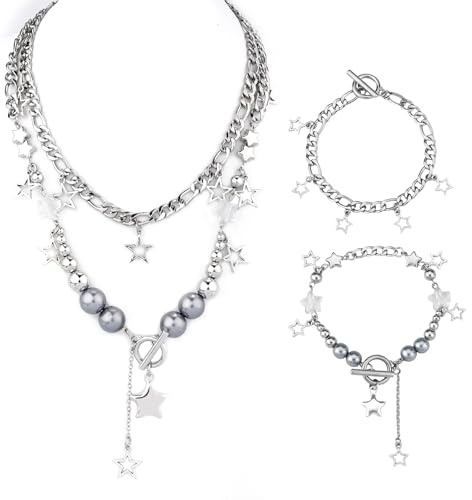 Mikovivi 2 Sets Y2K-Halskette mit Sternarmband-Sets, Silberne Sternhalskette Armbänder Y2K-Emo-Schmuckset Ästhetische Grunge-Accessoires für Frauen Freunde Geschenk Sternanhänger-Armbänder