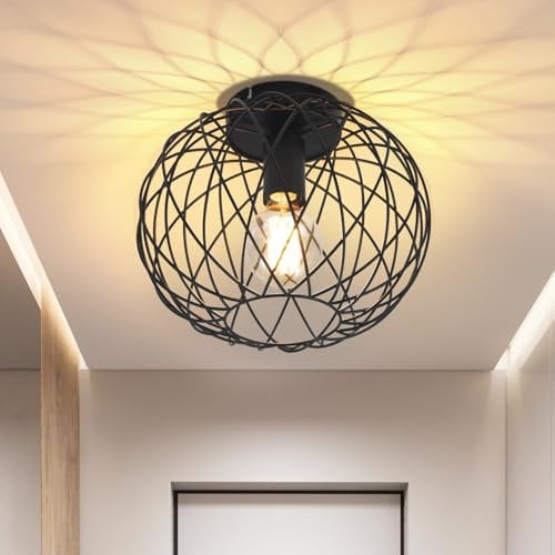 Glitzerlife Deckenleuchte Schwarz Flurlampe Industrial - Deckenlampe E27 Vintage 1 Flammig Runde Ø 25cm Retro Metall Lampenschirm Käfig Gitter Esszimmerlampe Wohnzimmer Küche Schlafzimmer