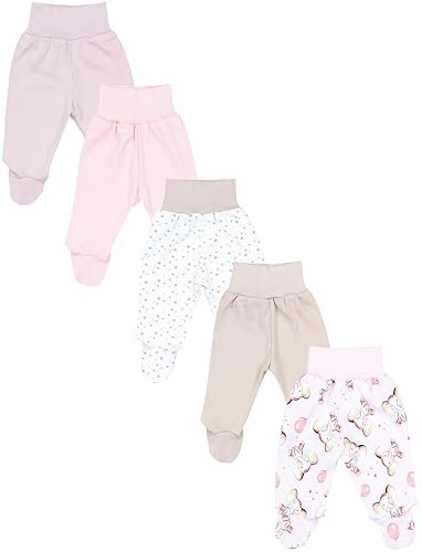 TupTam Baby Unisex Hose mit Fuß Bunte 5er Pack, Farbe: Elefanten Rosa Beige Puderrosa Sterne Apricot, Größe: 56