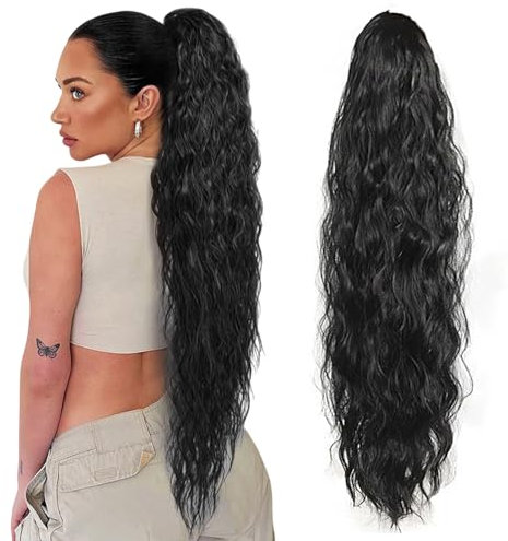 TUONYIS 66 cm Lange Pferdeschwanz Haarteil Ponytail Extension Pferdeschwanzverlängerung,mit Kordelzug Wellig Locken Ponytail,Haarverlängerung für Frauen für den täglichen Gebrauch(Schwarz)