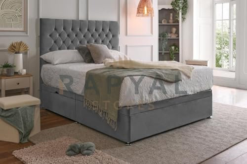 Fireplaces 4 Life Hf4you Chesterfield Side Lift Ottoman Divan Bed + 10” Memory Sprung Mattress + 24” Headboard (Grey, Small Double, With Ottoman Storage)