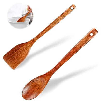 YZROHYI 2 Piezas Utensilios Madera Cocina,Cucharas de Madera Servir,Wooden Spoons For Cooking,Cuchara de Mezcla de Madera,Cucharas Sopa con Asas Largas,Cucharas de Agitación de Madera para Hornear