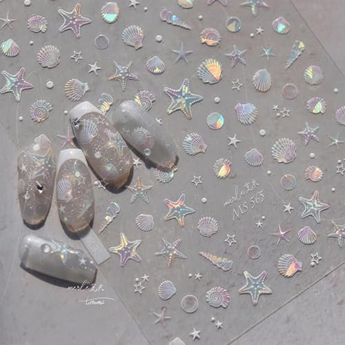 Shimmerz Sommer Seeschale Seestern Nagelkunst Sticker Glänzende Schale Marineleben Nageldekal 5D Acryl Gravur Nagelstickers Ozean Thema