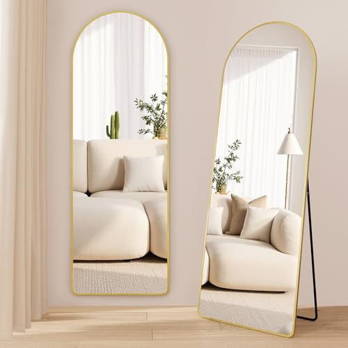 SONGMICS Ganzkörperspiegel, 160 x 50 cm, gewölbter Standspiegel | Rahmen aus Aluminiumlegierung, Stahl, Spiegelglas, abgerundete Ecke, Blassgold, AILEAS Kollektion LFM051AB01