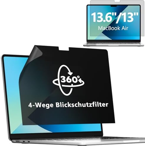 Mamol 360° Sichtschutz für MacBook Air 13.6 & 13 Zoll 2022-2025 (M2, M3, M4), 4-Wege Blickschutzfilter，Selbstklebender Anti Blaulicht Blendschutz Blickschutzfolie, Mac Laptop Displayschutz