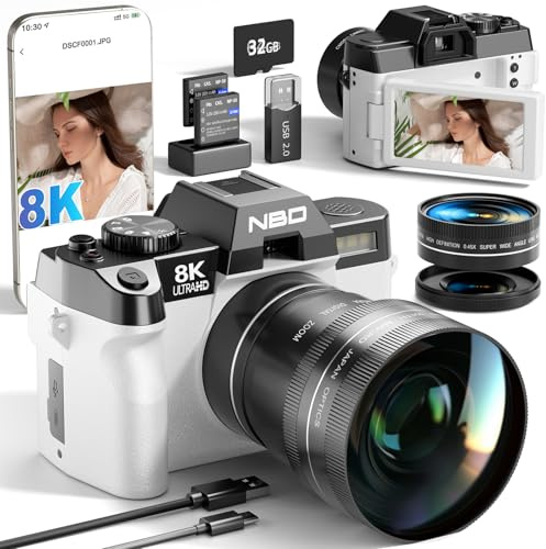 NBD Fotocamere digitali 8K 64MP per fotografia con zoom 16X, fotocamera 2026 con messa a fuoco automatica aggiornata per vlogging con schermo flip a 180°, fotocamere digitali con 2 batterie, scheda da