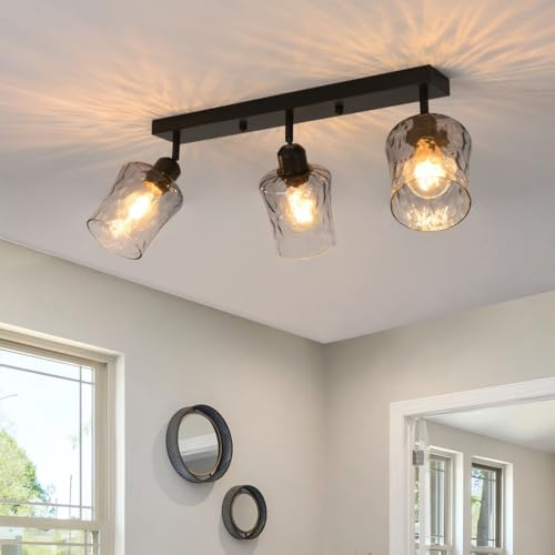 OURLOVEII Glas Deckenstrahler 3 Flammig 350° Schwenkbar Deckenspots E27 Schwarz Deckenlampe Spots mit Rund Grau Glas Lampenschirm für Küche Flur Schlafzimmer Esszimmer Wohnzimmer, Ohne Glühbirne