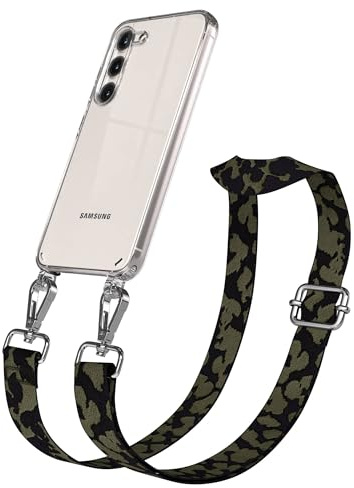 EAZY CASE Handykette - Verstellbares Taschenband kompatibel mit Galaxy S23, Schulterriemen, Handykordel mit Silikon Hülle, Umhängetasche, Dunkelgrün Camouflage Silber