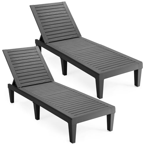 COSTWAY 2er Set Sonnenliege Kunststoff wetterfest, Gartenliege mit Verstellbarer Rückenlehne, Balkonliege, Terrassenliege Holzoptik, Liegestuhl bis 180 kg belastbar für Garten, Terrasse, Schwarz