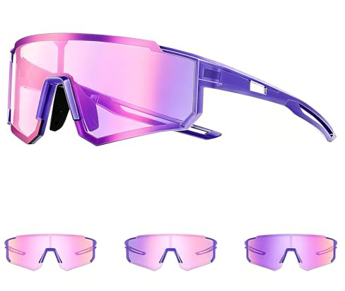 Generisch Lila Selbsttönend Fahrradbrille, Photochromatische UV400, Fahrradbrille Herren, Schnelle Brille Damen, Sportsonnenbrille Radsport Radfahren für Radfahren Laufen Baseball Mtb