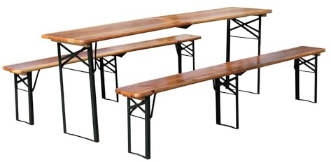 TOUSUNCO Biertischgarnitur Klappbar Bierzeltgarnitur Holz Set Natur 220cm，Festzeltgarnitur Heurigengarnitur Gartenmöbel Klapptisch Bänke Metallgestell