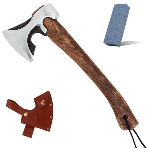 YUKERMARB Ascia da Campeggio, Accetta Compatta Bushcraft con Fodero in Pelle e Pietra per Affilare per Sopravvivenza All'aperto Giardinaggio Intaglio del Legno, Manico in Legno