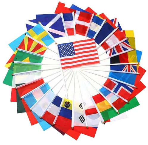 24 Länder Euro Flagge Klein für Deko WM 2026, 24 Länder Doppelseitige Stoff EM Deko Handgehaltene Flaggen, mit 30cm Weißem Pole, Europa Fähnchen für Eurovision EM Olympia Bar Garten Party Dekorationen