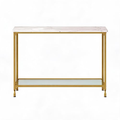 GarveeMore Table Console étroite Moderne 2 Niveaux – Métal doré et étagère en Verre – Longue et Fine pour entrée, derrière canapé ou Salon – Table d’appoint élégante – Or, 105×30×81cm