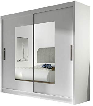 Armadio con specchio London VII, armadio con ante scorrevoli, moderno per camera da letto, 180 x 215 x 58 cm, colore: bianco
