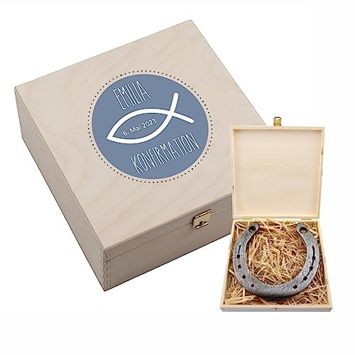 4you Design Echtes Hufeisen in Holz-Geschenkschachtel Konfirmation Fisch mit Gravur – 2 Hufeisennägel zum befestigen – Geschenk zum Kirchenfest– Glücksbringer Patenkind - 17x17x3,5cm