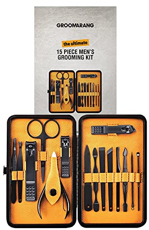 Groomarang 15-Piece Men's Manicure Kit – Stainless Steel Nail Clippers and Grooming Tools Set with Luxurious Travel Case