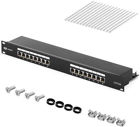 HB-DIGITAL CAT 6a Patchpanel Verteilerfeld Patchfeld 19 Zoll 16-Port 10 Gbps vollgeschirmte RJ45 Buchsen LSA-Leisten Schneidklemmen AWG 22-26 TIA568A + TIA568B PoE++ Unterstützung - Schwarz