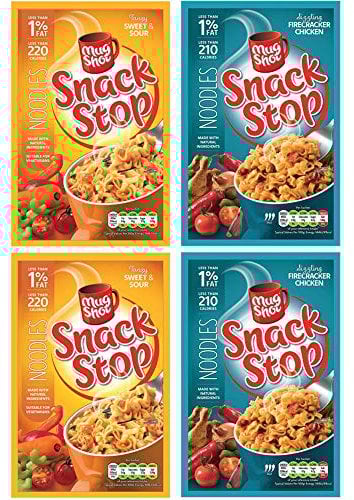 Mug Shot Snack Stop 4 Pack Bundle. 2 of Each. Fire Cracker Chicken & Sweet & Sour Noodles Pasta 5 Minute Mug Meal